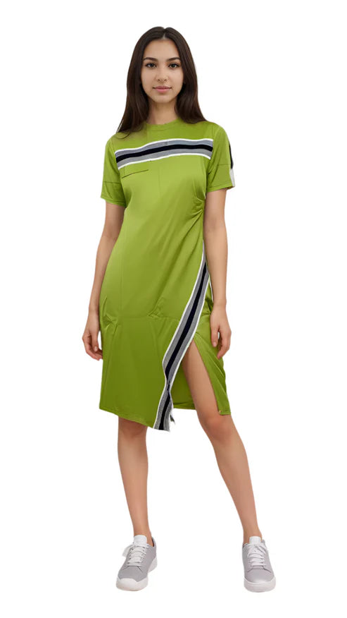 Designer Striped Elegance Cotton Lycra Round Neck Dress